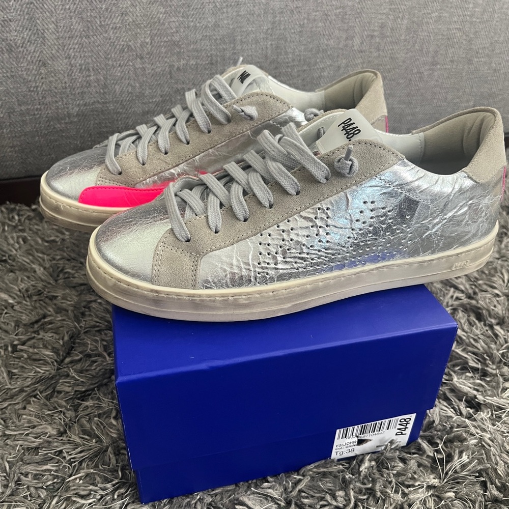 P448 Metallic Silver Sneakers with Pink Detail